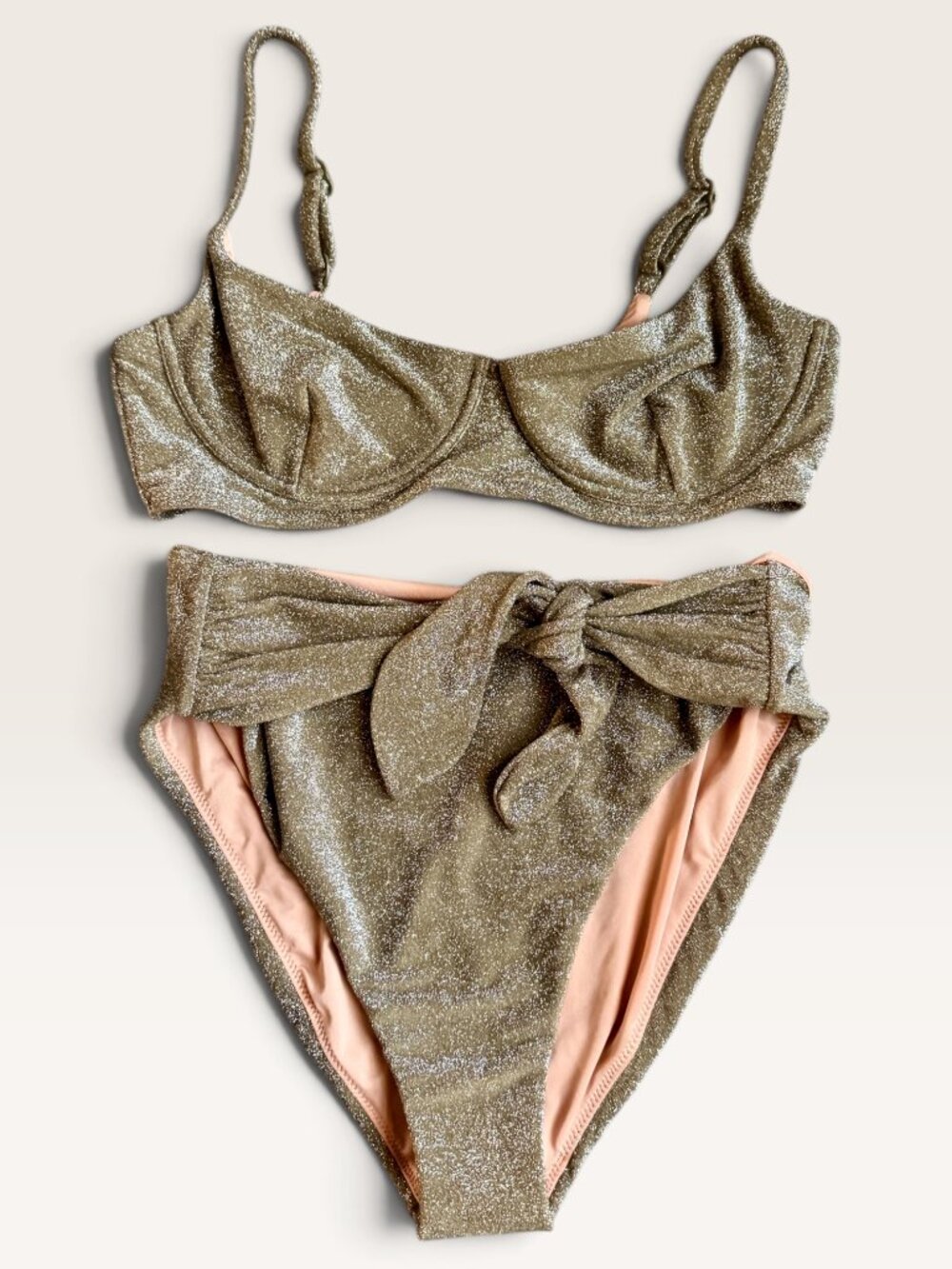 NWOT J. Crew Reimagined Gold Lurex Bikini Set Sparkle Underwire + High Waist